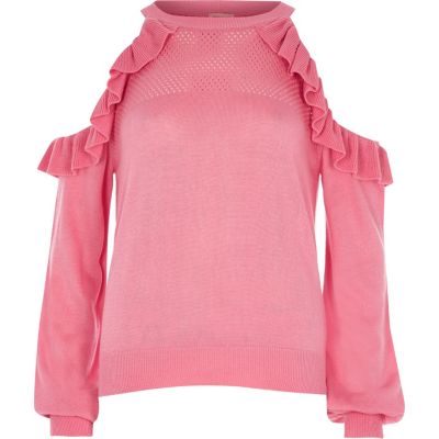 Pink cold shoulder frill knit jumper